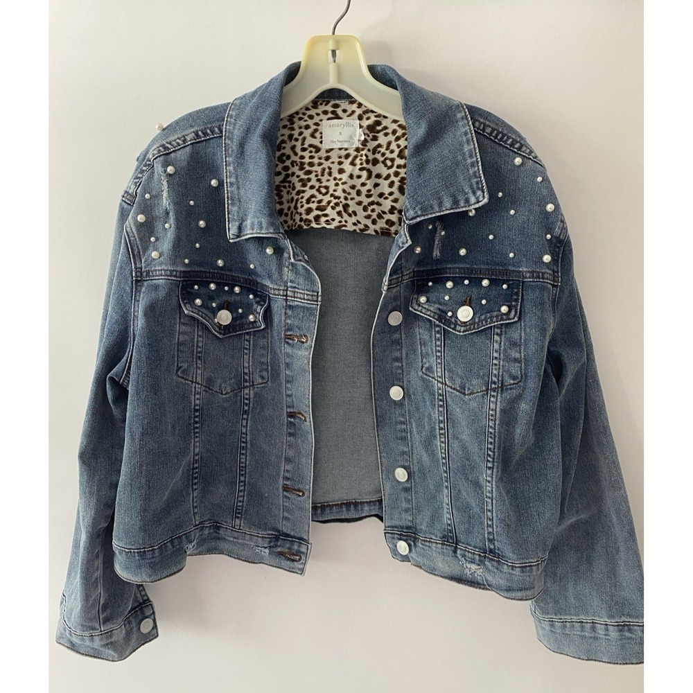 Amaryllis x Hey Nasreen Women's Denim Jacket Size Small Faux Pearl Distressed
